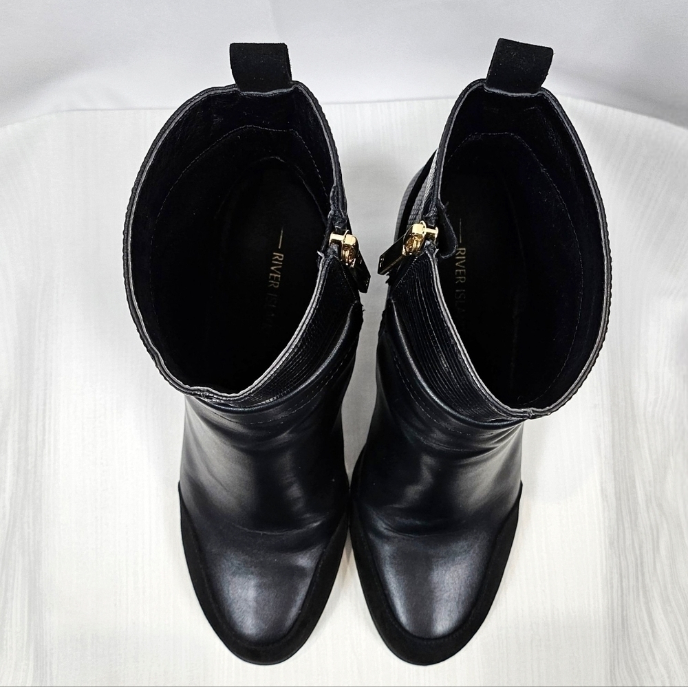 River Island Black Faux Leather Ankle Boots Gold Hardware Size 9 - Picture 14 of 16
